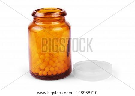 Transparent plastic bottle of vitamin pills isolated on white