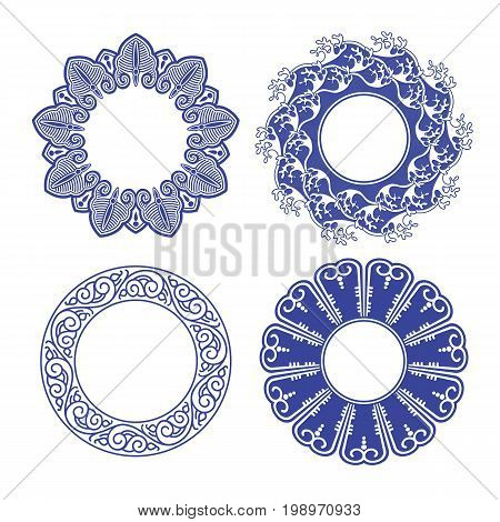 Chinese porcelane round frames with folk ornaments and sea waves set. Vintage style illustration.