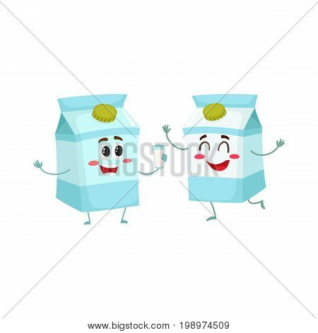 Two funny carton box character, one offering glass of milk to another, cartoon vector illustration isolated on white background. Cute, funny, happy milk carton box characters, dairy products
