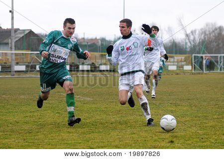 KAPOSVAR, Hongarije - 19 maart: Arpad Horvath (in groen) in actie op de Hongaarse nationale kampioenen