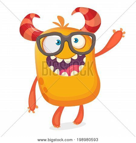 Nerdy happy cartoon monster character wearing eyeglasses. Halloween vector orange and horned monster. Design for emblem or sticker