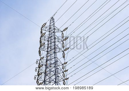 Wire Electric Telecom post and cable wth blue sky background, Technology concept, Communication concept