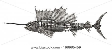 Steampunk style sailfish. Mechanical animal photo compilation