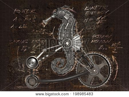 Steampunk style seahorse (Hippocampus). Mechanical animal photo compilation