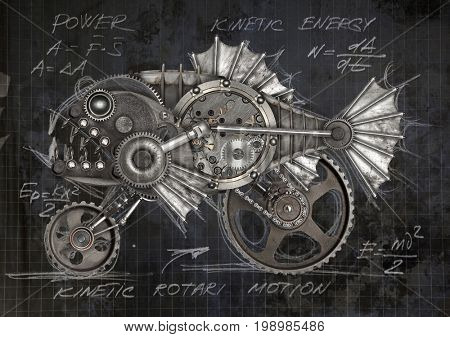 Steampunk style piranha. Mechanical animal photo compilation