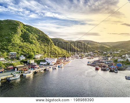 Charming Petty Harbour With Green Hills And Wooden Architecture, Newfoundland, Canada