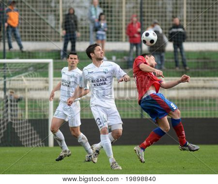 KAPOSVAR, HUNGARY - APRIL 1: Laszlo Rezes (R) in action at a Hungarian National Championship soccer game - Kaposvar vs Vasas on April 1, 2011 in Kaposvar, Hungary.