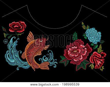 Embroidery design with golden carp and flowers. Vector embroidered oriental folk pattern with fish for wearing.