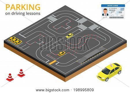 Trained in driving school concept Parking on driving lessons and test drive.