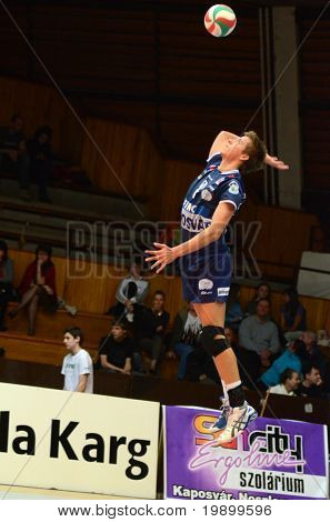 KAPOSVAR, Ungheria - 15 aprile: Roland Gergye serve la palla a una pinna di campionato nazionale ungherese