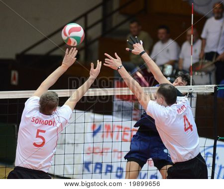 KAPOSVAR, Macaristan - 15 Nisan: Balazs Bagics (içinde mavi) bir Macar ulusal Champ topu grev