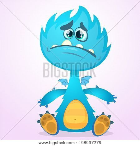 Vector cartoon dragon monster with tiny wings. Blue dragon character waving his hands. Furry blue dragon vector illustration. Blue monster with big mouth and teeth icon.