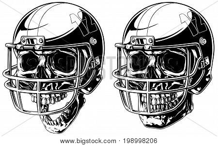 Graphic black and white human skull in american football helmet on white background vector set