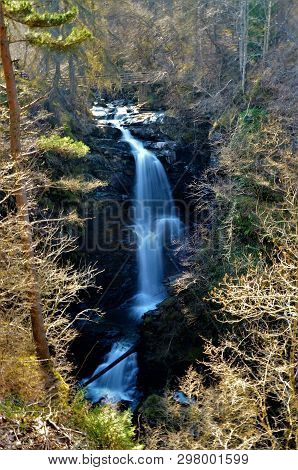 A View Of The Natural Landscape Of Woodland, And Waterfalls In The Birks Of Aberfeldy.