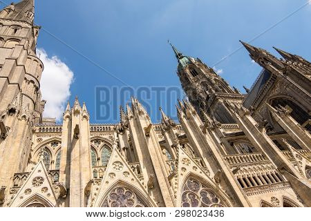 Bayeux, France - September 01, 2018: Architecture Details Of The Cathedral Notre-dame Of Bayeux . Ca