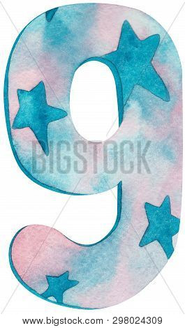 Watercolor Number Nine With Pink And Cblue Colors And Stars. Hand-drawn Illustration.