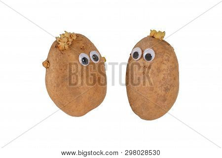 Googly Eyes. Two Funny Cute Brown Mister Fresh Potato, Isolated On White Background Without Shadows.