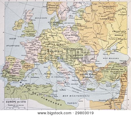 Evropa ve staré mapě 1270. Paul Vidal de Lablache, Atlas Classique, Librerie Colin, Paříž, 1894