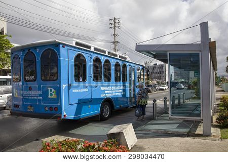 Bayamon/puerto Rico - February 26, 2019: Trolley Car Operates Through Center Of Town.