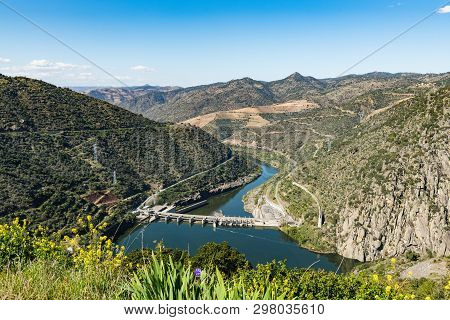 Valeira Dam And Surrounding Landscape Near The Village Of Sao Joao Da Pesqueira, Portugal. Concept F