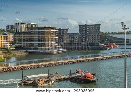 Darwin Australia - February 22, 2019: Wharf One Residential And Retail Business Buildings On Pontons