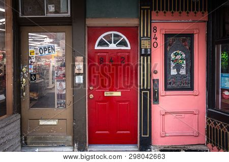 Ottawa, Canada - November 12, 2018: Entrance Doors Of A Shared Individual Wooden House In The Reside