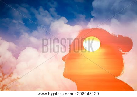 double exposure of woman head and sky -  mindfulness, meditation, mental health, depression