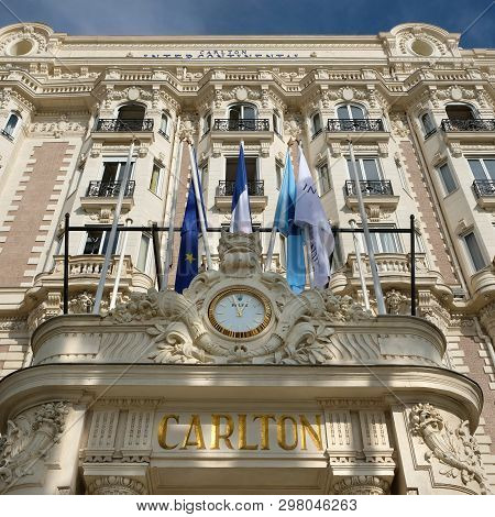 Cannes, France - October 28, 2017 : Front Entrance View Of The Famous Carlton International Hotel Si