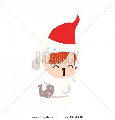 hand drawn flat color illustration of a happy spacegirl holding moon rock wearing santa hat