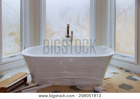 Master Bath In Bathroom In New Luxury House New Construction Home With White Tub