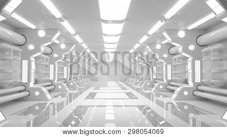 Clean sterile futuristic science fiction interior of a laboratory or spaceship. Generic technology and advanced engineering background. 3D rendering.
