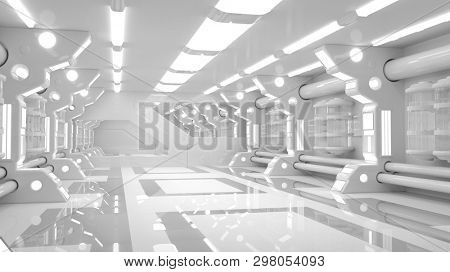 Clean sterile futuristic science fiction interior of a laboratory or spaceship. Generic technology and advanced engineering background. 3D rendering.