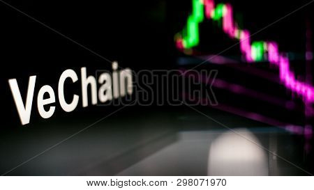 Vechain Cryptocurrency Token. Crisis And The Collapse Of Prices, The Red Graph Down. The Behavior Of
