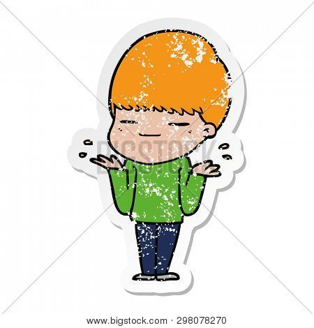 distressed sticker of a cartoon smug boy