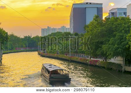 Water Transport, Using A Passenger Boat As A Vehicle. Khon Saen Saep In Thailand, Canal Main Route.