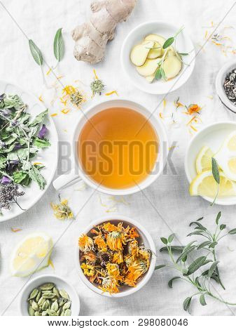 Herbal Detox Antioxidant Tea And The Ingredients For Cooking On A Light Background, Top View. Herbal