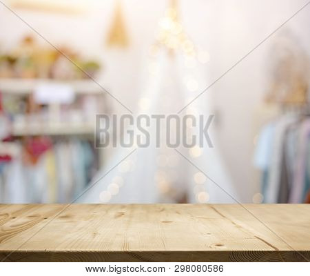 Wood Table Top White Hobby Bokeh Background.