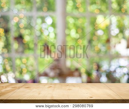 Wood Table Top White Garden Bokeh Background.