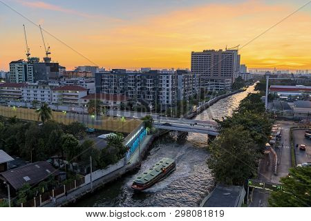 Water Transport Is A Culture. Saen Saep Canal At Night. Bangkok's Atmosphere In Thailand.