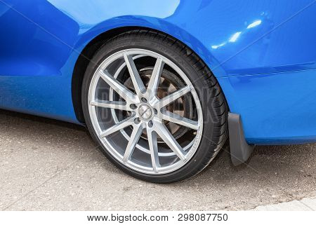 Samara, Russia - May 19, 2018: Modern Automotive Wheel On Light Alloy Disc With Low Profile Tire