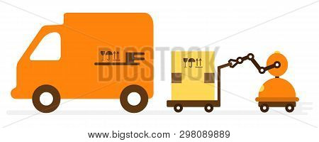 Vector Illustration With Robot Loader Loads Boxes Into A Truck. Automation Warehouse Processes. Smar