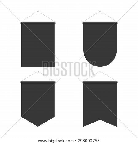 Template Black Blank Realistic Pennant Set On Whitey Background. Illustration Of Sport Flags Symbol 