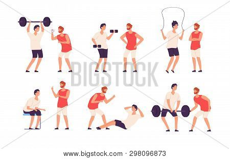 Fitness Trainer. Male Personal Coach Helps Bodybuilder Guy Training Exercising Gym Isolated Vector S