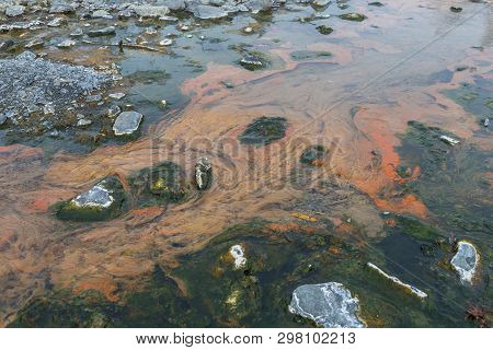 Colorful Water In Malkinskiye Hot Springs, Peninsula Kamchatka, Russia.