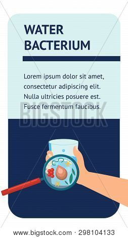 Water Bacterium Flyer Flat Layout With Text Space. Hand Holding Glass. Microscopic Microbes In Magni