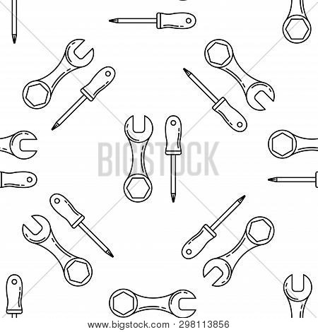 Screwdriver And Wrench Isolated Seamless Pattern On White Background. Llustration On The Theme Of Ap