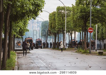 Strasbourg, France - Apr 28, 2019: Police Securing European Institutions With Teargas Allee De La Ro