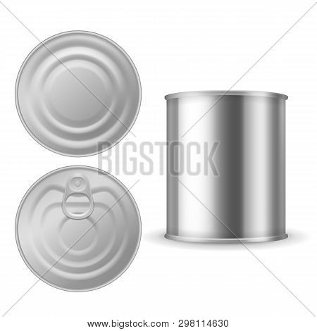 Metal Tin Can. Canned Foods Mockup, Aluminium Steel Package Closed With Ring Pull, Realistic Silver 