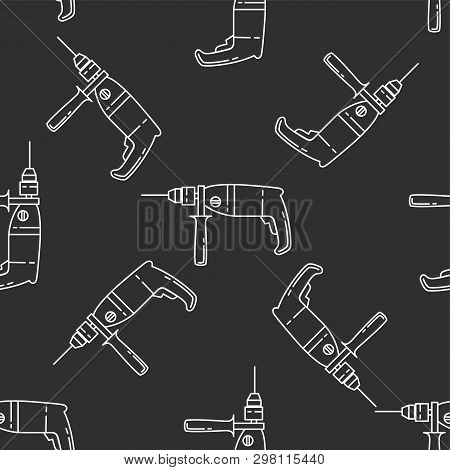 Drill Isolated Seamless Pattern On Dark Gray Almost Black Background. Llustration On The Theme Of Ap