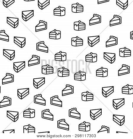 Piece Of Sweet Dessert Seamless Pattern Vector. Piece Of Biscuit With Cherry On Top, Cheesecake And 
